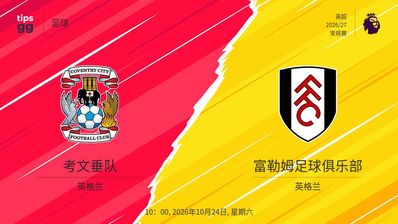 观看考文垂队对阵富勒姆足球俱乐部，2026年10月24日，实时直播和重播，足球 | Tips.GG