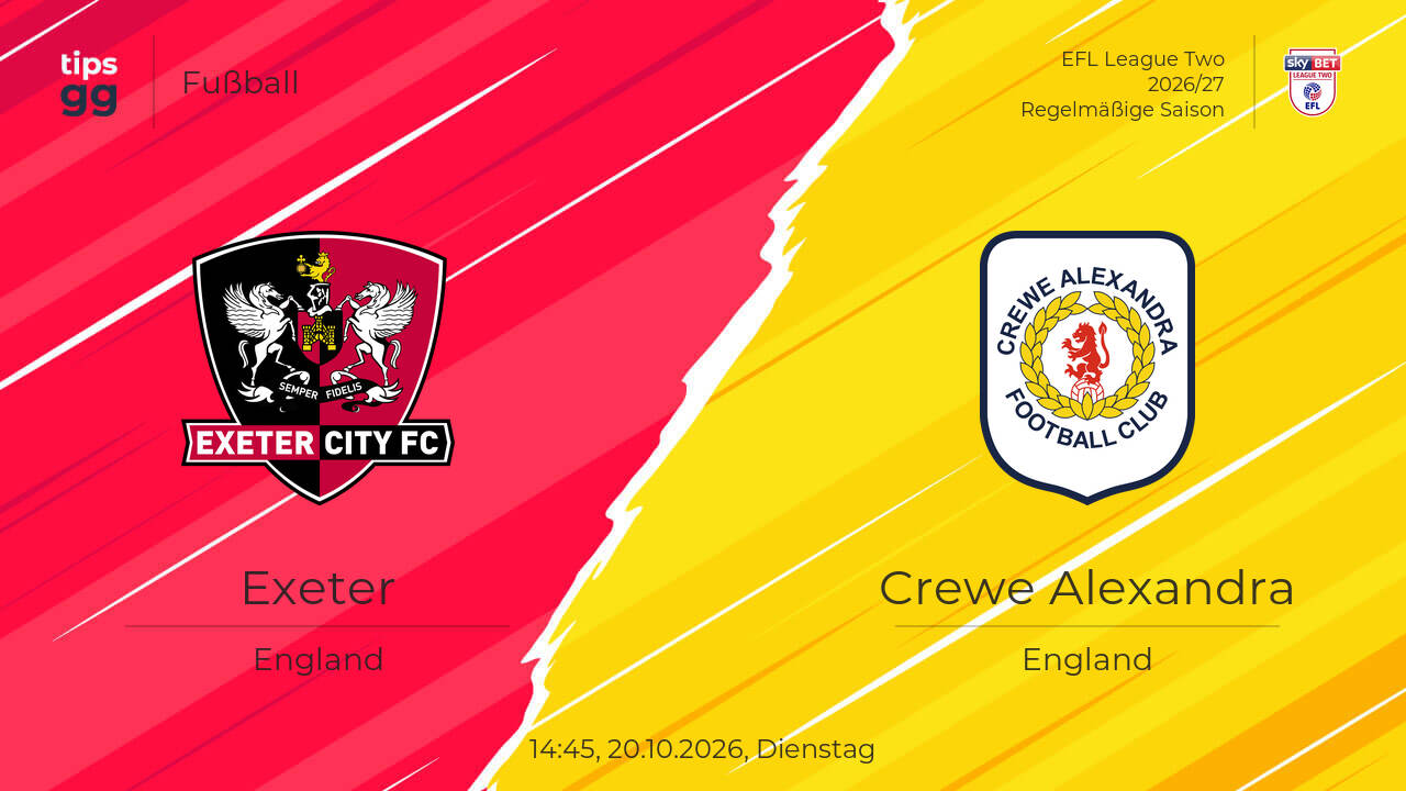 Exeter – Crewe Alexandra Tipp & Prognose am 20.10.2026 | Fußball | Tips.GG