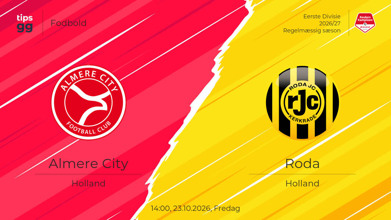 Se Almere City vs Roda 23.10.2026 – Live Streams og VOD'er | Fodbold ...