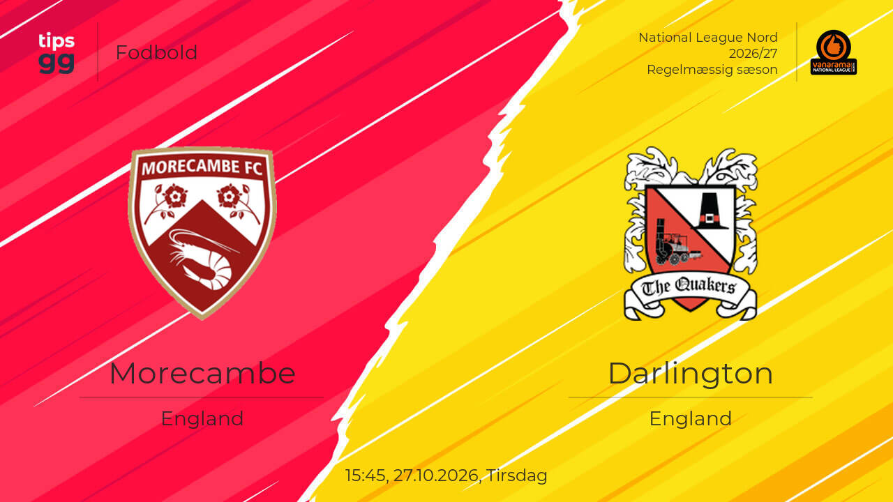 Morecambe – Darlington 27.10.2026 – Kampforudsigelser | Fodbold | Tips.GG